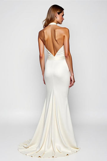 Vit Slida Criss Cross Halter Lång Formell Klänning